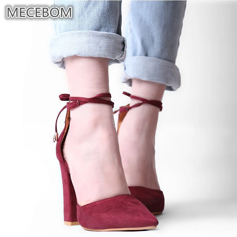 Women Pumps Sexy High Heels Shoes ladies Lace Up Point Toe Party Wedding Pump Black Woman shoes 35-43 chaussures femme 2253W