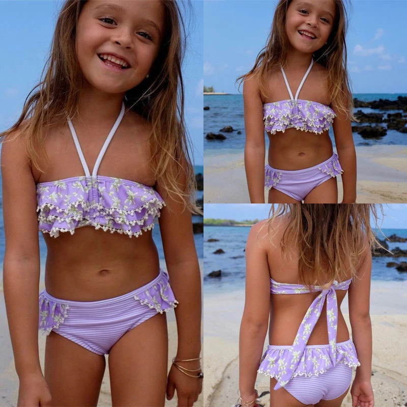 Летние фиолетовые купальники с цветочным принтом для маленьких девочек, детский купальник, комплект бикини, купальник, пляжная одежда, бикини, Раздельный купальник из двух предметов