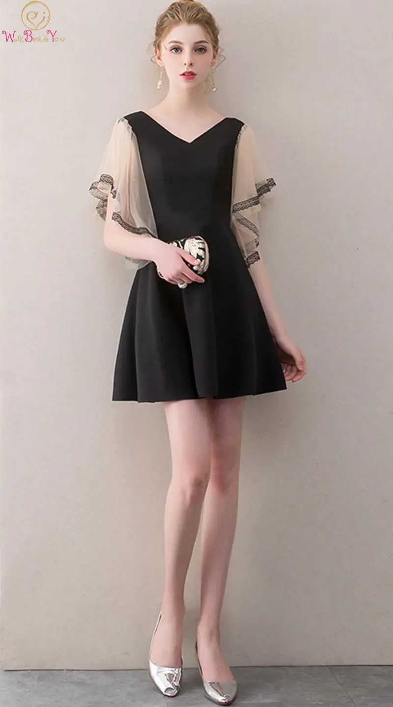 

2019 Black A Line Short Prom Dresses V Neck Above Knee Ruffles Short Sleeve Backless Formal Party Gowns Elegant gala Mini dress