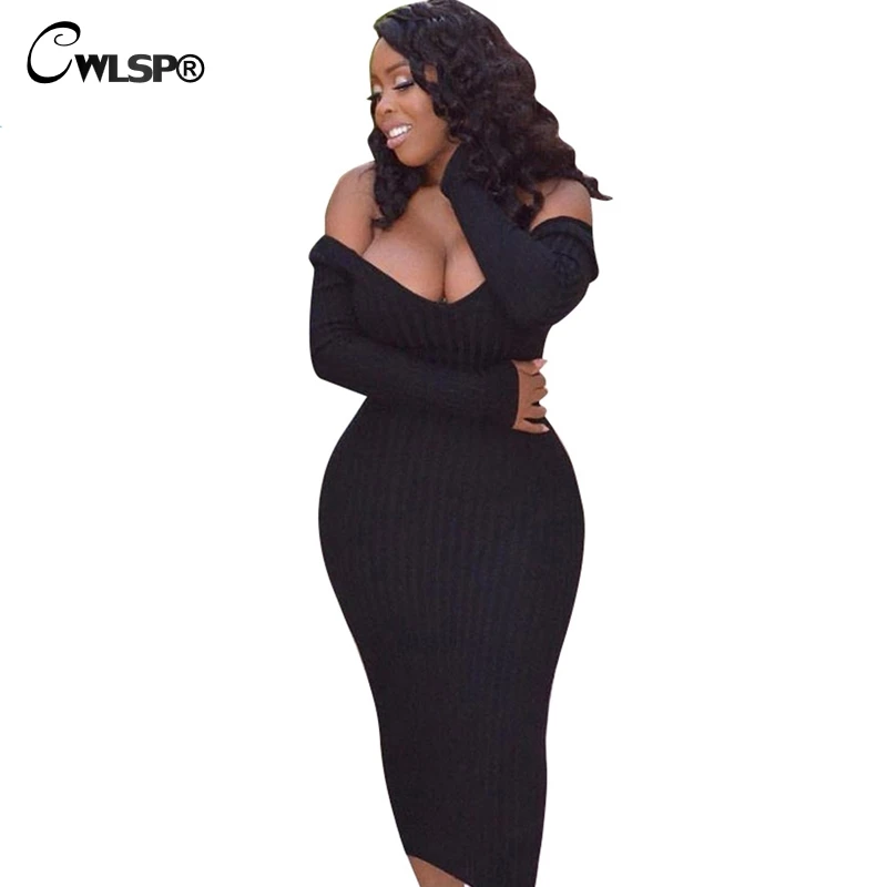 CWLSP 2018 Autumn Winter Long Ribbed V Neck Women Dress Backless Skinny Elegant Party Dress Long Dress Female Clothes QL3422