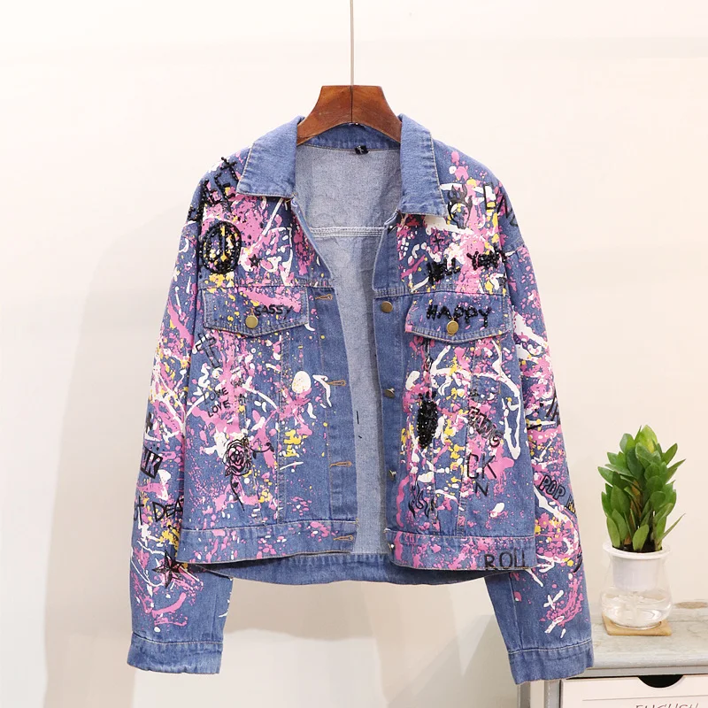 Женская куртка, осенняя, с надписями и надписями, винтажная, стирается, джинсовая куртка, шикарная, негабаритная, раскрашенная бисером джинсовая куртка