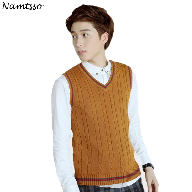 Preise 100% baumwolle Weste Männer 2019 Herbst Winter Neue Klassische V ausschnitt Ärmellosen Pullover Baumwolle Strickwaren Pull Männer Marke basis top Kleidung
