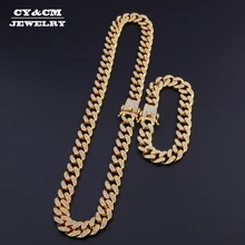 13mm 마이애미 쿠바 링크 체인 골드 실버 목걸이 팔찌 크리스탈 라인 석 블링 힙합 남성 쥬얼리 목걸(China)