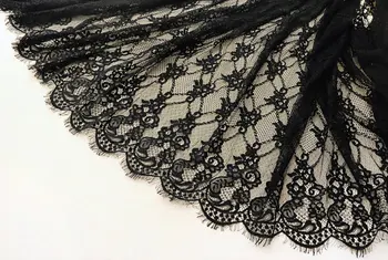 

3 yards vintage chantilly lace fabric, black french wedding lace fabric with eyelash scalloped border, bridal lace fabric