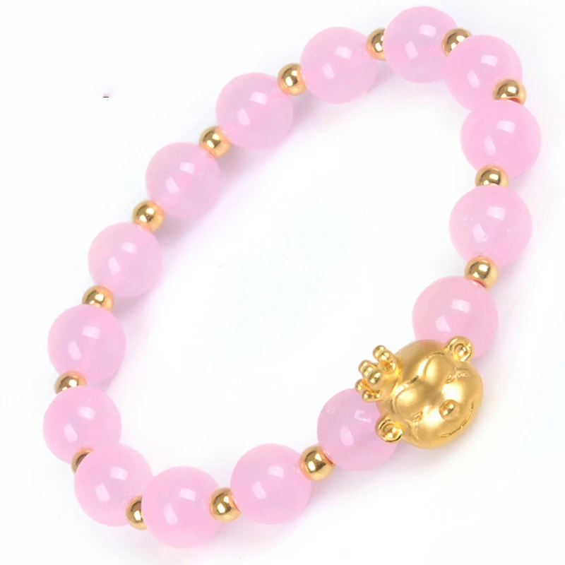 

999 New Pure 24K Yellow Gold 3D 12*12mm Smart Crowned Monkey & 3mm Lucky Beads Rose Quartz Woman's Bracelet