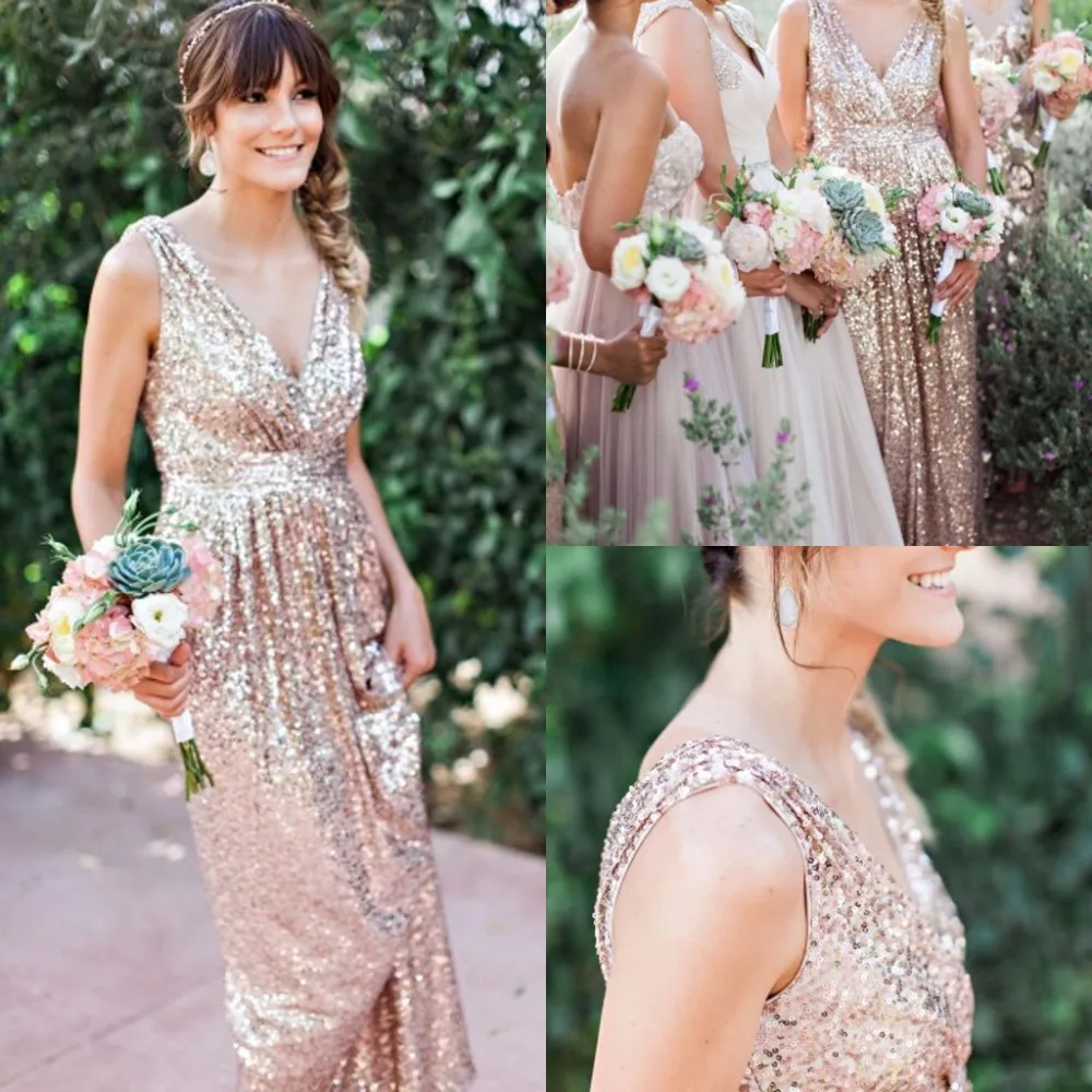 Vestido de festa/ Длинные свадебные платья с золотыми пайетками для свадьбы, с v-образным вырезом, с рукавами, с открытыми плечами, вечерние платья для девочек