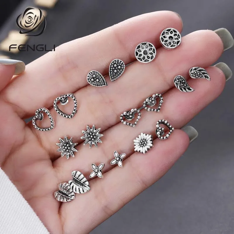 FENGLI Vintage Heart Leaf Flower Stud Earring for Women Tiny Mini Earrings Wedding Engagement Set Hot Sale | Украшения и
