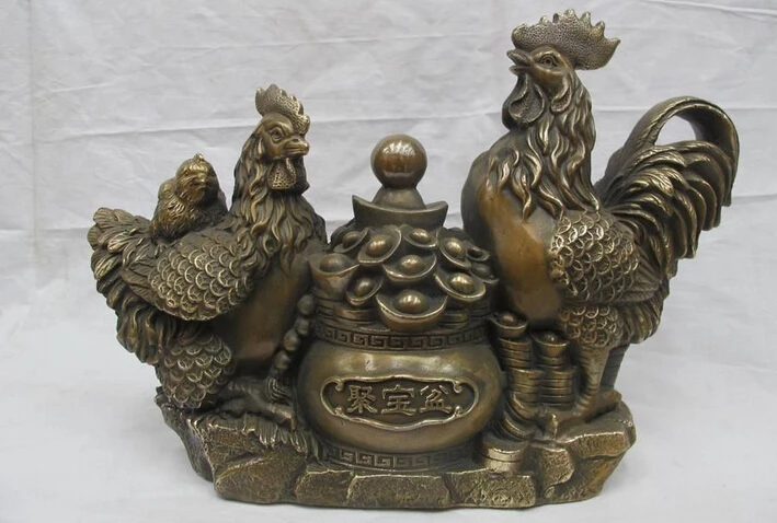 

wholesale factory Chinese Folk Feng Shui Bronze Wealth Treasure bowl three Cock Rooster Statue