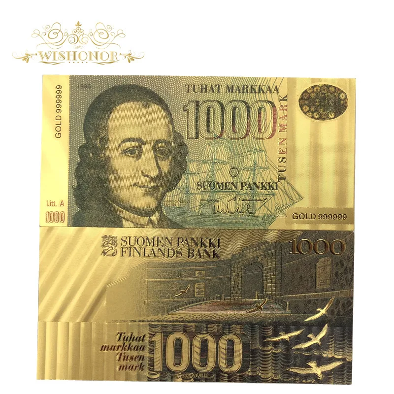 

10pcs/lot Nice Finland Gold Banknote 1,000 Markkaa Banknotes in 24k Gold Fake Money Art Crafts for Gifts