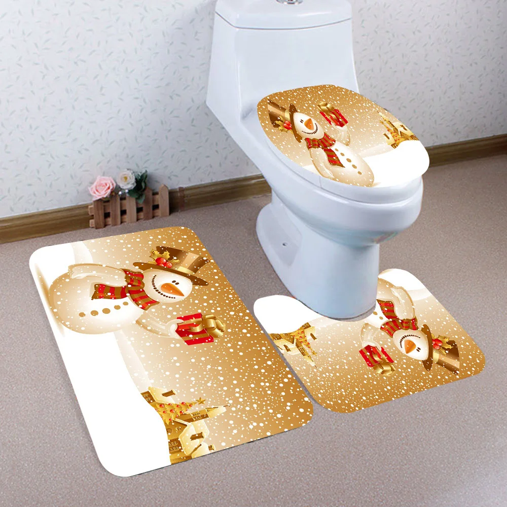 Yellow Christmas Snowman Pattern Bathroom Mat Set 3pcs Europe