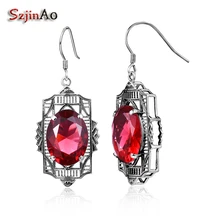 Szjinao древний чистый 925 стерлингового серебра серьги византийский дикий стиль выгравировать рубин ювелирные изделия