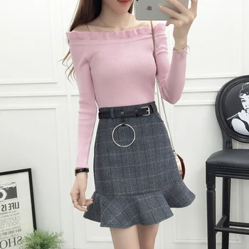 

korean fashion sexy black fungus word collar knitting fishtail woolen cloth skirts two-piece outfit women clothing set vestidos