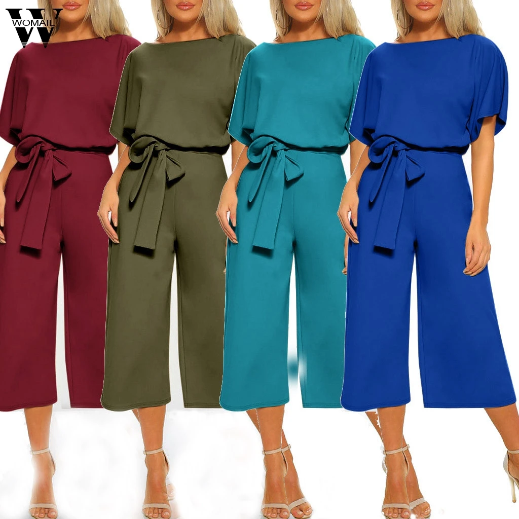 Womail ارتداءها النساء أزياء الصيف قصيرة كم طويل بذلة فضفاضة Clubwear مع حزام واسعة الساق بذلة عارضة 2019 M530