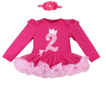 

2PCs per Set Rose Long Sleeves Baby Girls 2nd Crown Birthday Tutu Dress Shabby Flower Rhinestone Headband 0-24Motnths
