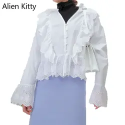 Alien Kitty 2019 Женская милая расклешенная рукава кружевные повседневные рубашки свежая Свободная рубашка белая женская мода весна Милая