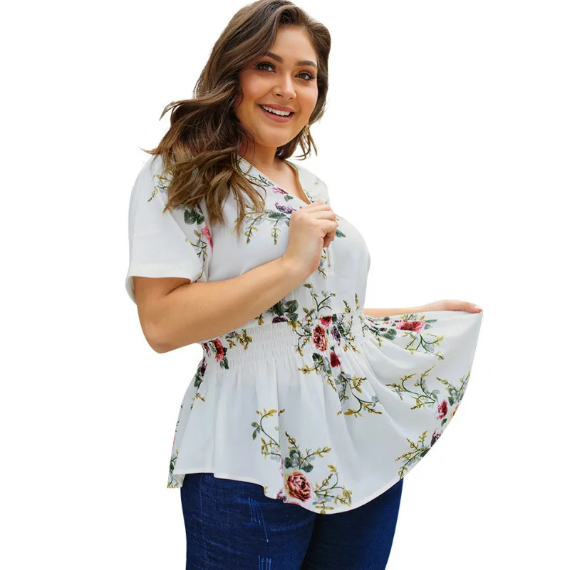Plus Size Women Blouse Shirts Boho Sexy Printed Shirt Woman Tops 4 XL Big Size White Khaki Blusas Zippers Oversized Female A025