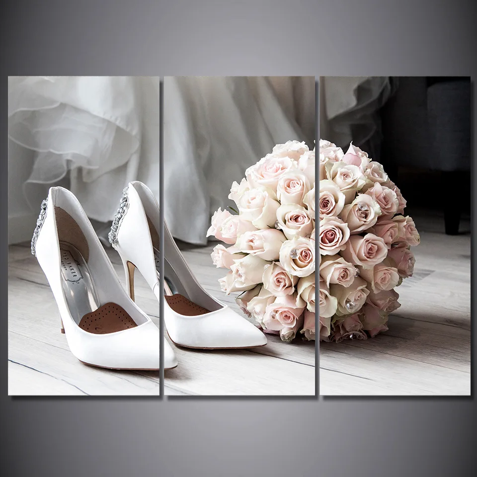 Wall Art Canvas Painting Pictures 3 Pieces Bridal Bouquet High Heels