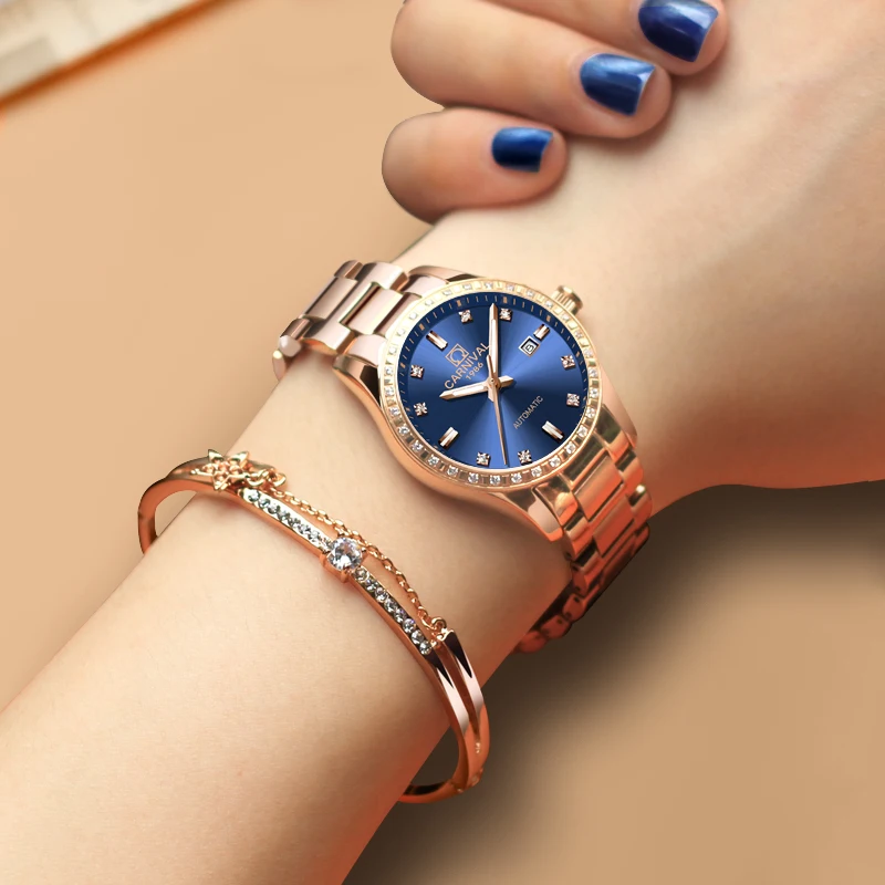 

Carnival Watch Women Automatic Mechanical Luminous Rose Gold Stainless Steel Waterproof Girls Watches