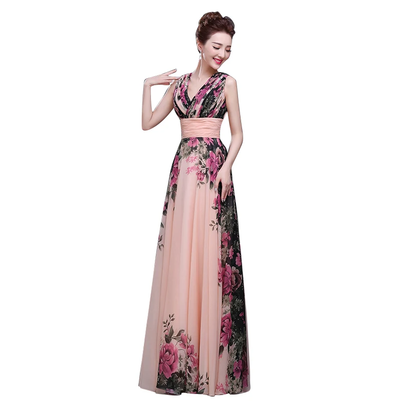 Floral Printed V-Neck Sleeveless Chiffon A-Line Formal Evening Dress Long 2016 Floor-Length Evening Party Prom Dress Pregnant Floral Printed V-Neck Sleeveless Chiffon A-Line Formal Evening Dress Long 2016 Floor-Length Evening Party Prom Dress Pregnant