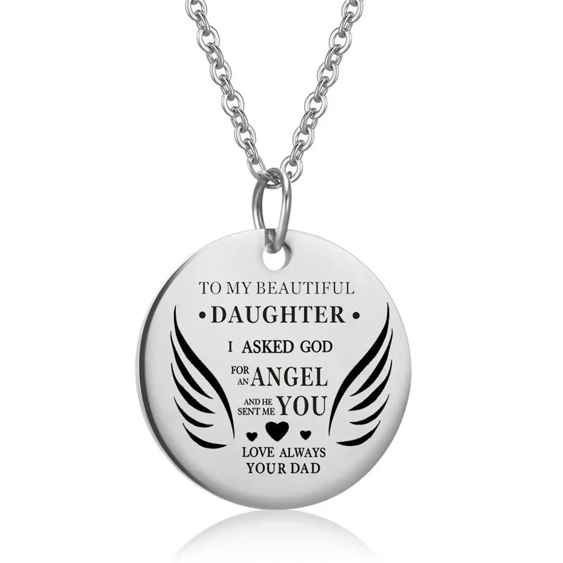 AMORUI To My Beautiful Daughter Heart Pendant Necklace Dad's Angel Wing Love Charm Choker Chain Necklaces for Baby Girls Jewelry