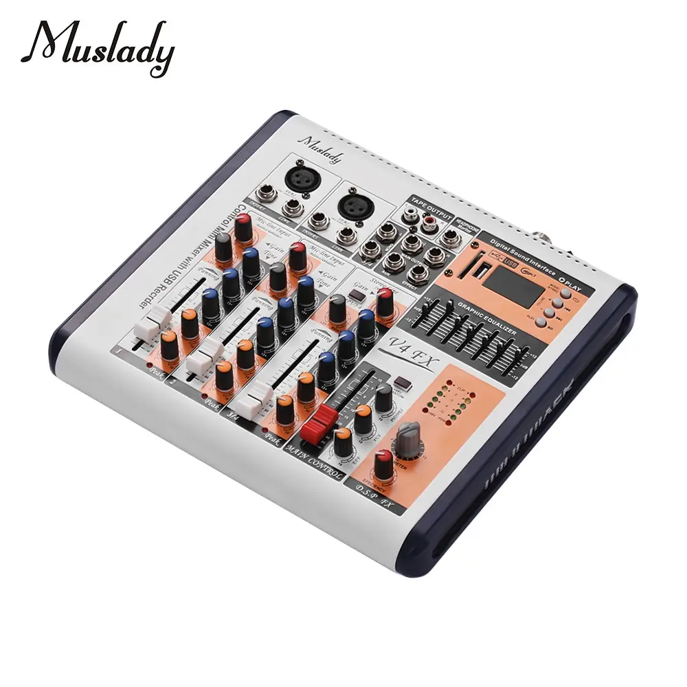 

Muslady V4-FX 4-Channel Portable Mixing Console Mixer Built-in 16 DSP Effects +48V Phantom Power Supports BT Connection