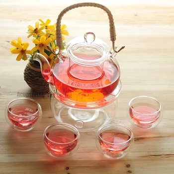 

800ml Rattan handle Glass teapot with infuser/filter+ 4/6 Cups + Warmer+candle,tea set for herbal/flower/black/green Puer tea