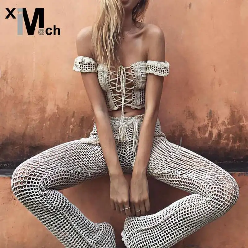 

xiM&M@ch New Sexy Beach Pants Tassels Elastic waist Handmade Crochet Knit Net Pants Vacation style White Black color PT03387E
