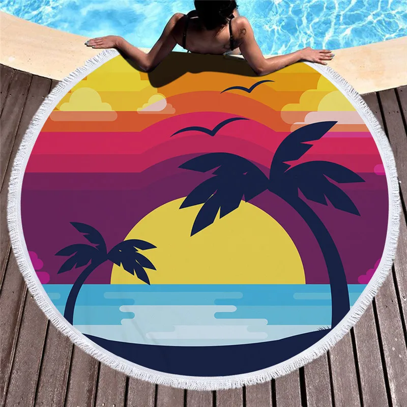 

Summer Leaf Round Beach Bath Towel With Tassel Microfiber 150cm Tapestry Picnic Yoga Blanket Bikini Cover Up Carpet