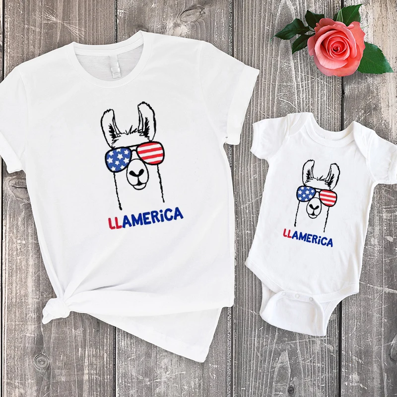

Mommy Daddy Baby LLAMERICA Tshirt 4th of July Matching Shirts Mommy and Me Tops Outfits America Tee 2019 New Fashion