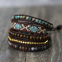 Boho кожаные браслеты для женщин розовый натуральный камень кварц 5 нитей обёрточная Бумага браслет винтажное плетение бусины браслет ювелирные изделия