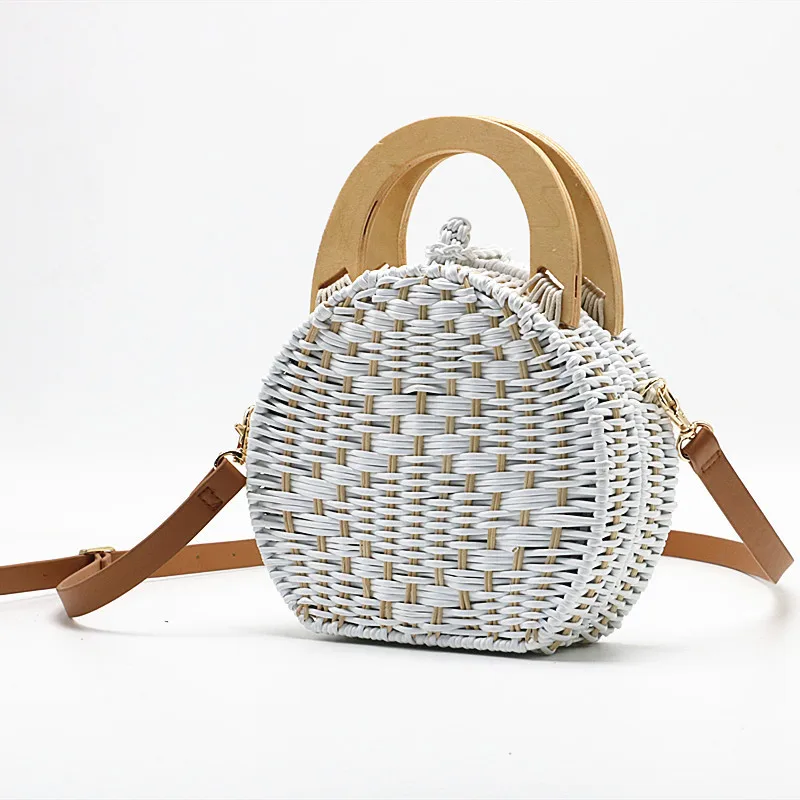 

Small Wooden Handle tote Bag New White Women Straw Handbag Female Beach Messenger Bag Circular Vintage Cute Crossbody Bag Ladies