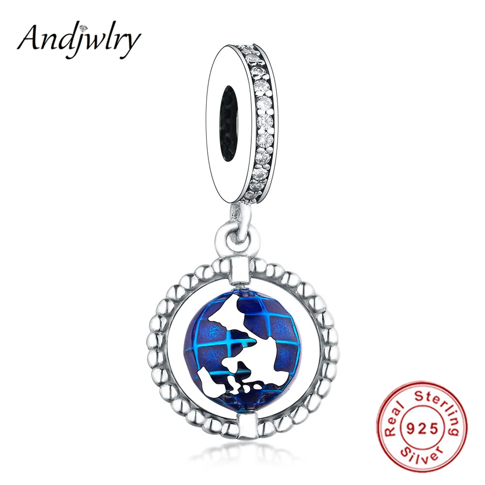 

Fit Original Pandora Charms Bracelet 925 Sterling Silver Spinning Globe Dangle Charms Blue Enamel Dangle Beads DIY Berloque