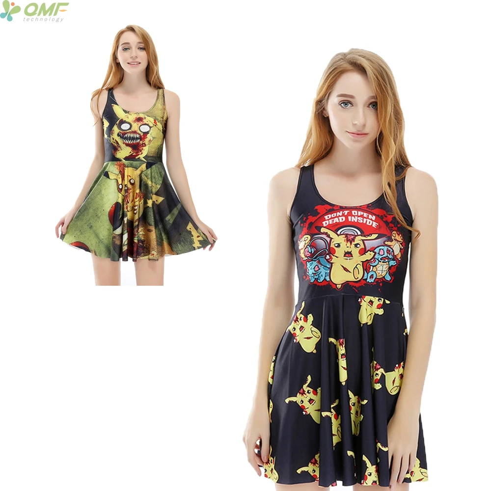Spoof Cartoon Pokemon Print Women Dress Saias Reversible Bodycon