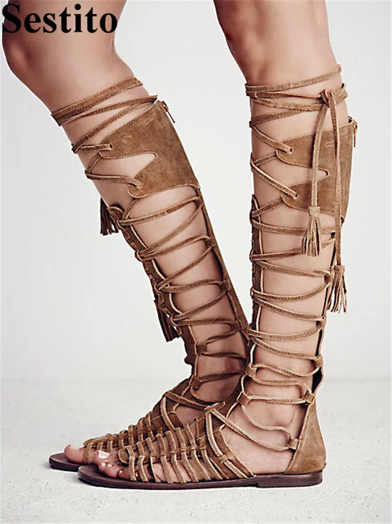 

European New Retro Brown Cross-tied Casual Sandals Peep Toe Low Heel Hollow Women Sandals Back Zipper Long Summer Women's Shoes