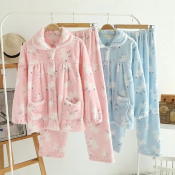

Thicken Flannel Pajamas Women Winter Christmas pijama Home Clothing 2pcs pyjamas Sets Coral Fleece Nightwear Suit