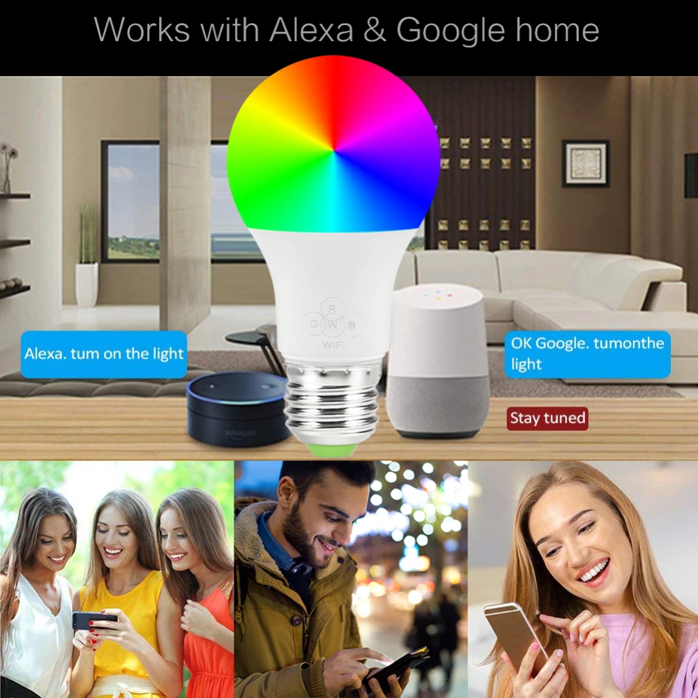 Умная лампа E27 с Wi Fi приглушаемая LED лампочка 7 Вт работает Alexa Google Home разноцветные