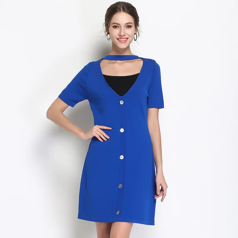 

Knitting short sleeve dress 2018 summer new Korean positive and negative two wear ice silk straight mini dress female 1675