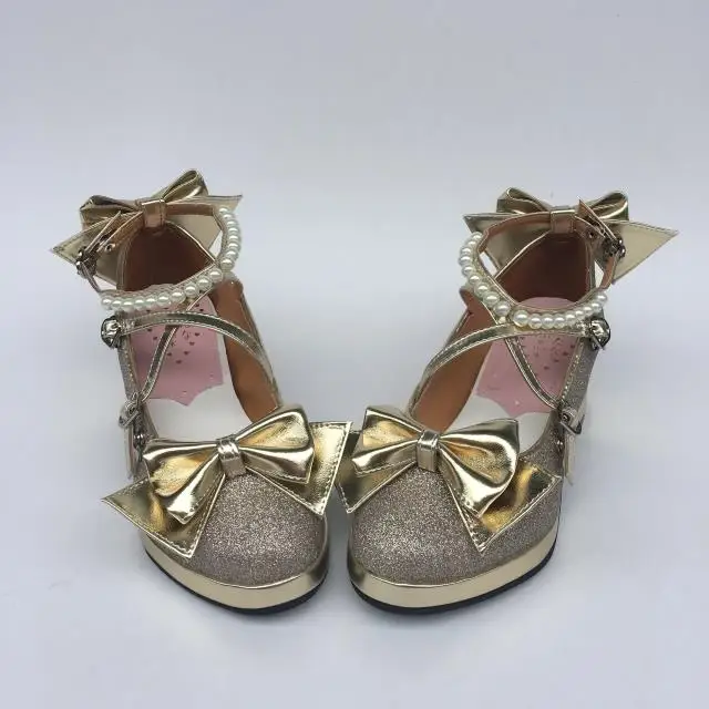 Womens-Shiny-Black-Silver-Sequin-Pumps-Bow-Strap-Cross-Pearl-Ankle-Strap-Princess-Lolita-Shoes-Custom-Tailor-Available- 9
