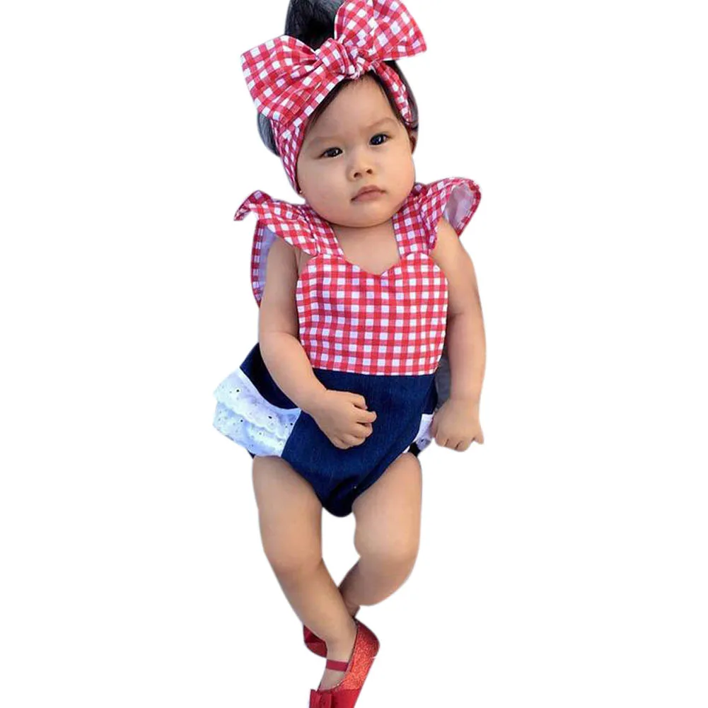

2Pcs/Set Bbay Infant Girls Sleeveless Plaid Ruffles Rompers Toddlers Jumpsuit With Headband Backless Patchwork Jumpsuit Outfits