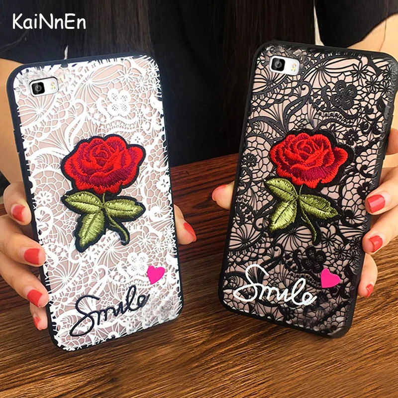 KaiNuEn luxury cute fashion Lace Embroidery 3D rose stickers Phone cover coque case For huawei p 8 P Back cases accessory |