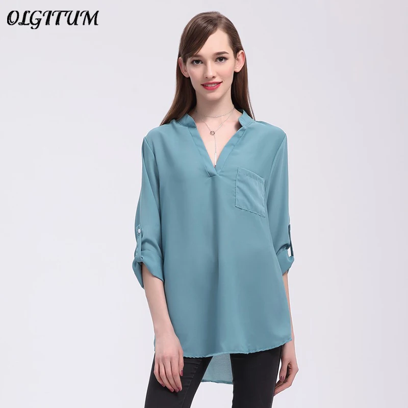 OLGITUM S-5XL Лидер продаж! 2019 плюс размеры v-образный вырез 3/4 рукавами для отдыха женская рубашка карман мода Bodycon шифон Топы корректирующие Camisas