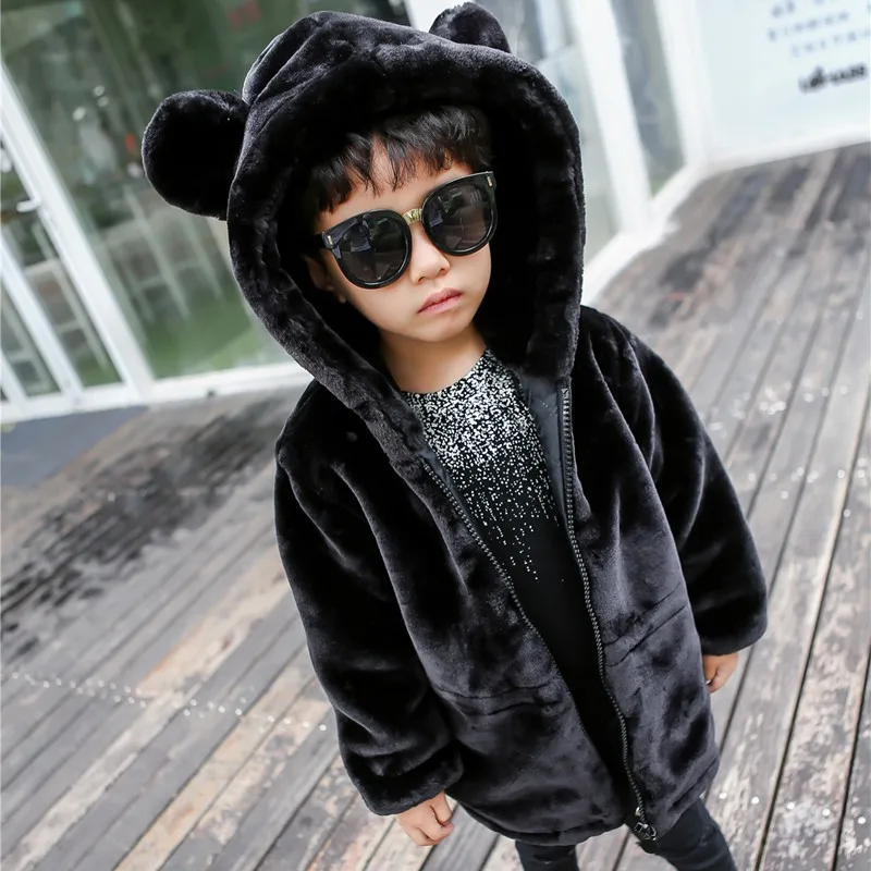 CROAL CHERIE 70-120cm Cute Bear Ear Winter Jacket Boys Hooded Flannel Warm Girls Coats Kids Infant Overcoat Black (1)