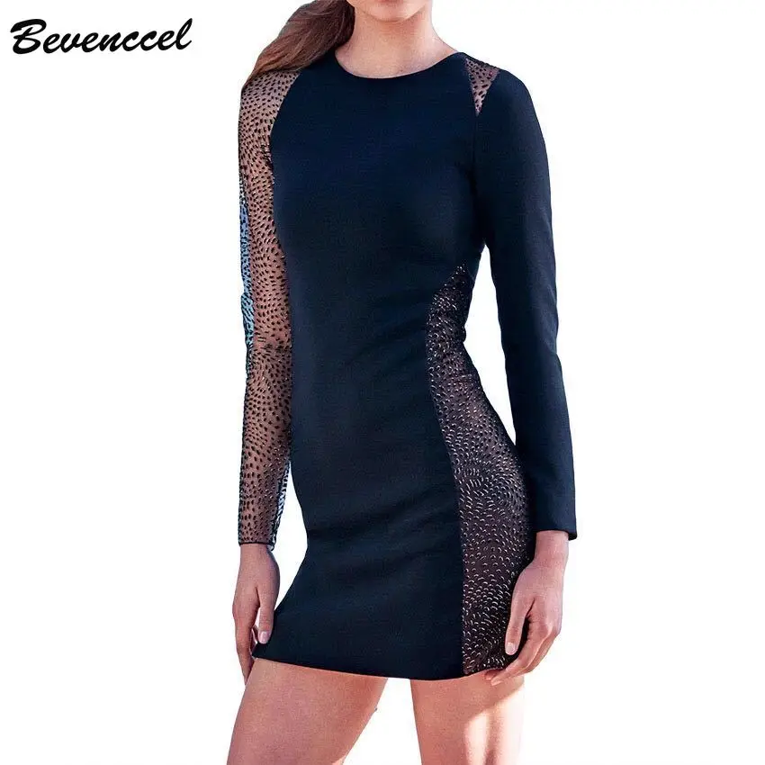 

Vestidos Women Sexy Bodycon Bandage Dress Black Sexy Long Sleeve Mesh Hollow Out Celebrity Evening Party Dress 2019 Elegant