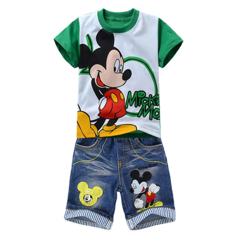 T Shirt and Jeans Одежда для маленьких мальчиков с Микки Маусом Детская летняя одежда с короткими рукавами с героями мультфильмов г. Новая стильная футболка и джинсы с дырками 2 шт., детская одежда для мальчиков - Цвет: T Shirt and Jeans