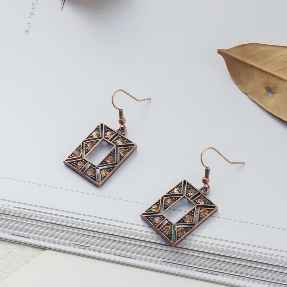 

Women Vintage Antique Square Alloy with Crystal Stone Drop Earrings