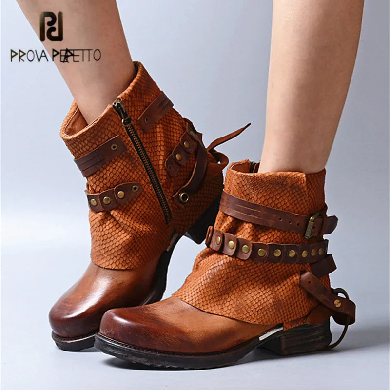 

Prova Perfetto British Genuine Leather Ankle Boots for Women Straps Platform Rubber Short Botas Mujer Female Flat Riding Boot