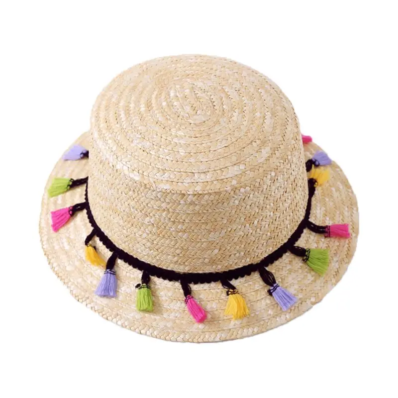 Женская летняя соломенная шляпа с козырьком в Корейском стиле, Boho, милая Радужная разноцветная шляпа с помпоном и помпоном, плетеная пляжная шляпа с бахромой и широкими полями - Цвет: 3