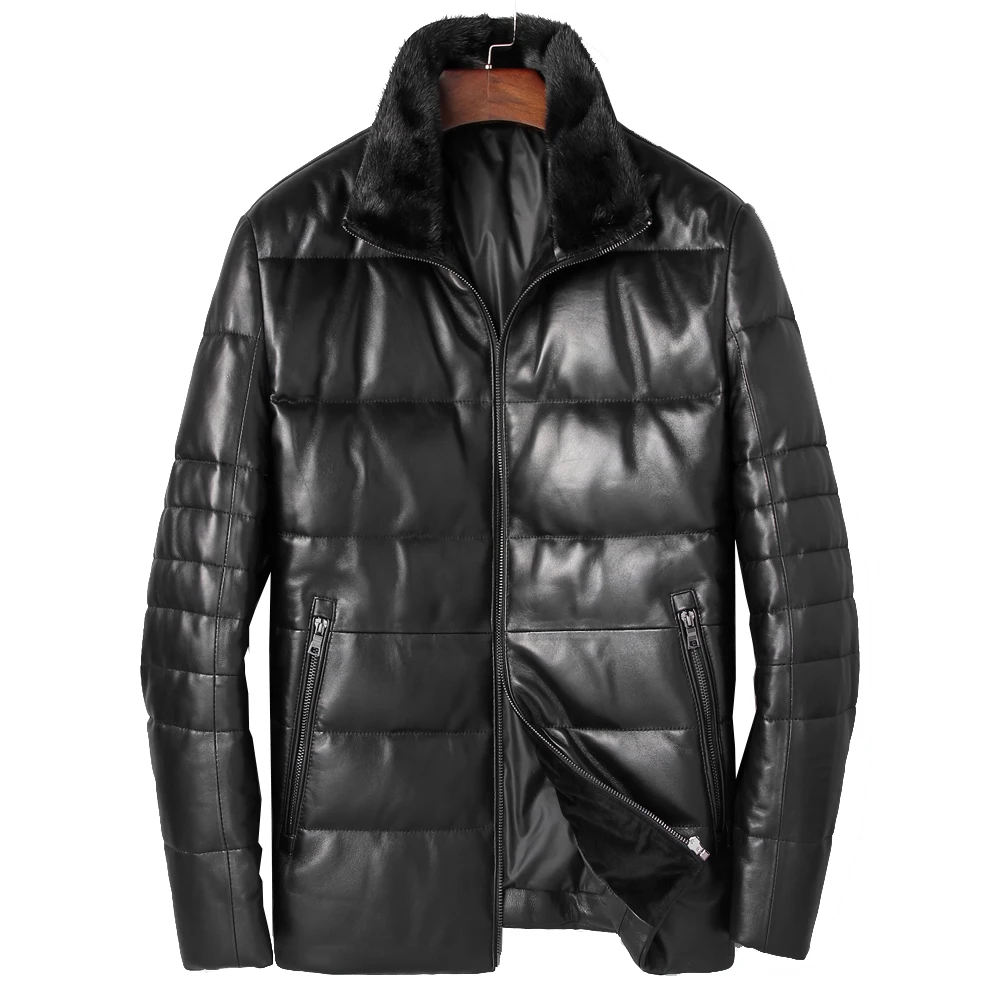 Mink Fur Collar Men Down Coat Natural Sheep skin Leather Shell Men