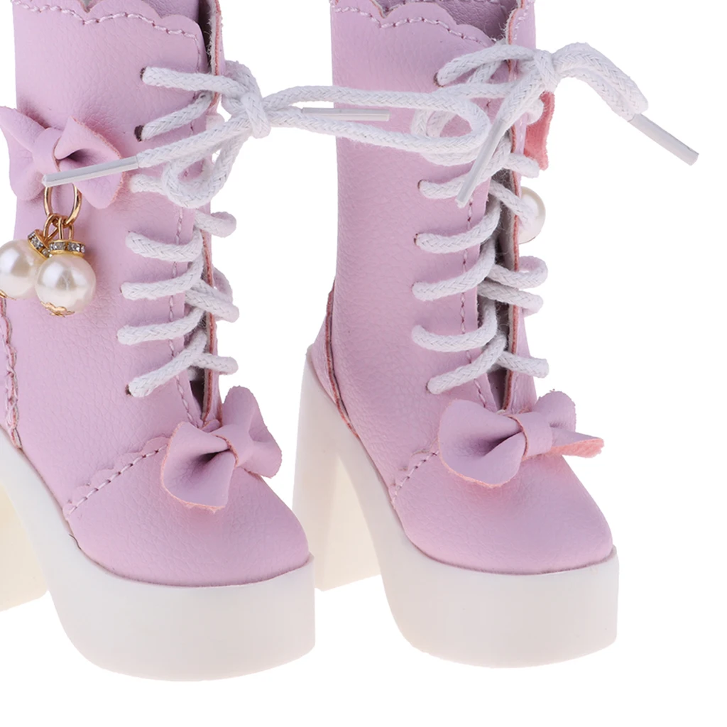 Handmade PU Leather Shoes Lace-up High Heeled Shoes for 1/3 BJD Dolls for 60cm Night Lolita Dolls (Pink)