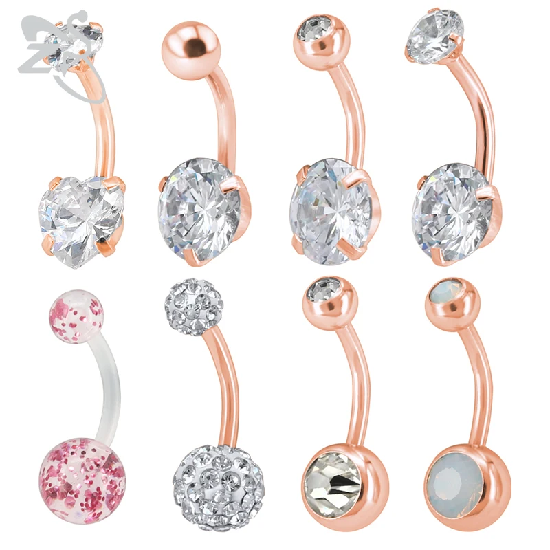 

ZS 8 PCS/lot Rose Gold Belly Button Ring with Crystal 316L Stainless Steel Navel Ring for Women/Girl Piercing Body Jewelry 2019
